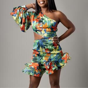 MB Finale Floral One Shoulder Long Balloon Sleeve Mini Dress Women’s Size Large